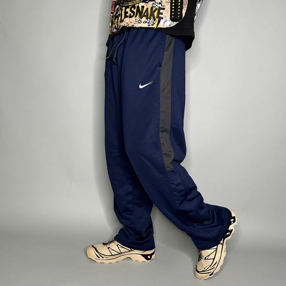 Vintage Y2K Nike Sweatpants Mens L Baggy Wide Leg Navy Blue White Polyester - Picture 1 of 4